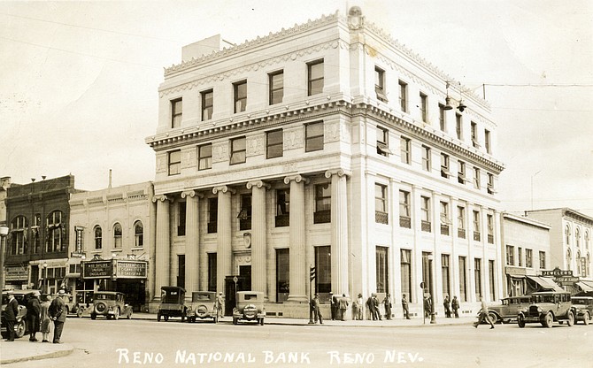 Photo from the 1930s of the Reno National Bank on the corner of Second and Virginia streets in downtown Reno, which was built by George Wingfield in 1915.