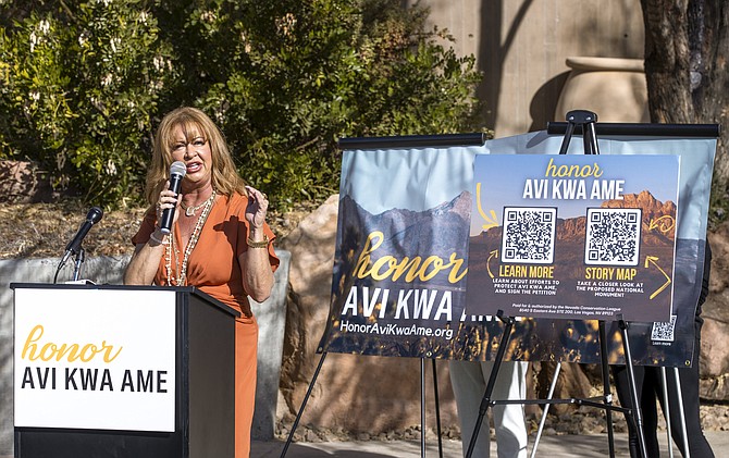 Laughlin Town Advisory Board Chair Kathy Ochs speaks about the bill to designate Avi Kwa Ame, the Mojave name for Spirit Mountain and its surrounding landscape, as Nevada's newest National Monument during a news conference at Springs Preserve on Jan. 14, 2022, in Las Vegas. (L.E. Baskow/Las Vegas Review-Journal via AP)