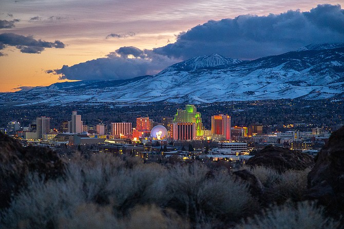 Downtown Reno is seen at dusk in this February 2021 photo.