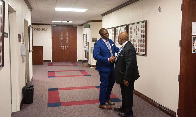 Assembly Speaker Jason Frierson and Nevada Mining Association President Tyre Gray on the final day of the 81st session of the Legislature on Monday, May 31, 2021, in Carson City.