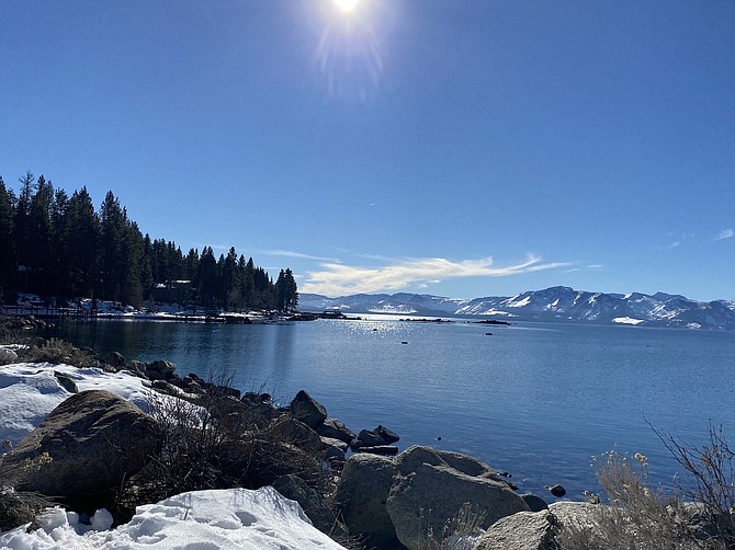 Lake Tahoe was calm and clear over the weekend in this photo taken over the weekend by Sharon Calvert.