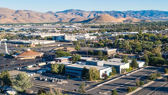 Overhead view of the 95,000-square-foot building at 645 E. Plumb Lane in Reno (seen in the foreground), which will house a new campus for Panasonic Energy of North America.