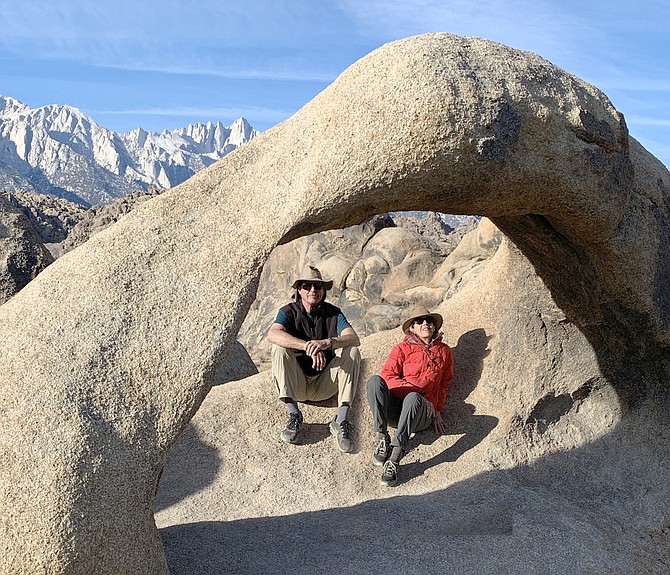 Jerry and Janine at the Alabama Hills Mobius Arch, with Mt Whitney in the background. Photo submitted by Janine Sprout