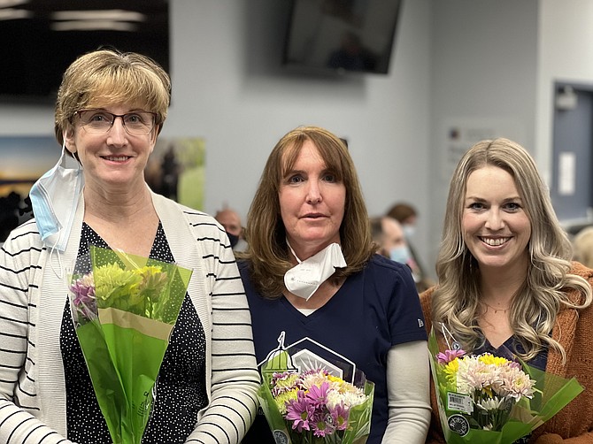 Carson City School District teachers Linda Belnap, left, Lacey Carey and Nicole Medeiros were recognized at Tuesday’s Board of Trustees meeting for earning or maintaining their National Board Certifications.