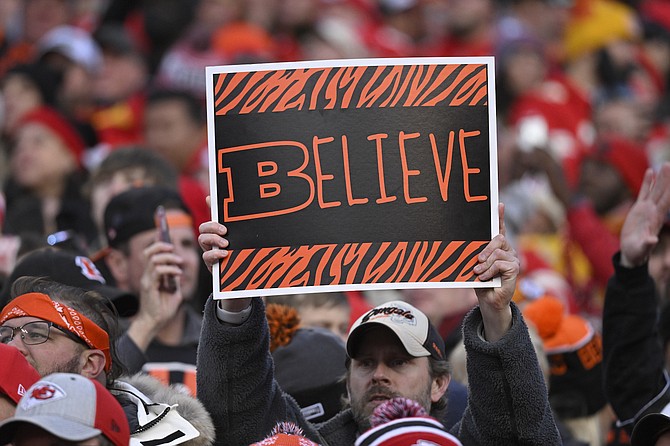 Photo: Reed Hoffmann/AP
A Cincinnati Bengals fan had faith during the second half of the AFC Championship game against the Kansas City Chiefs on Jan. 30, 2022 in Kansas City, Mo.