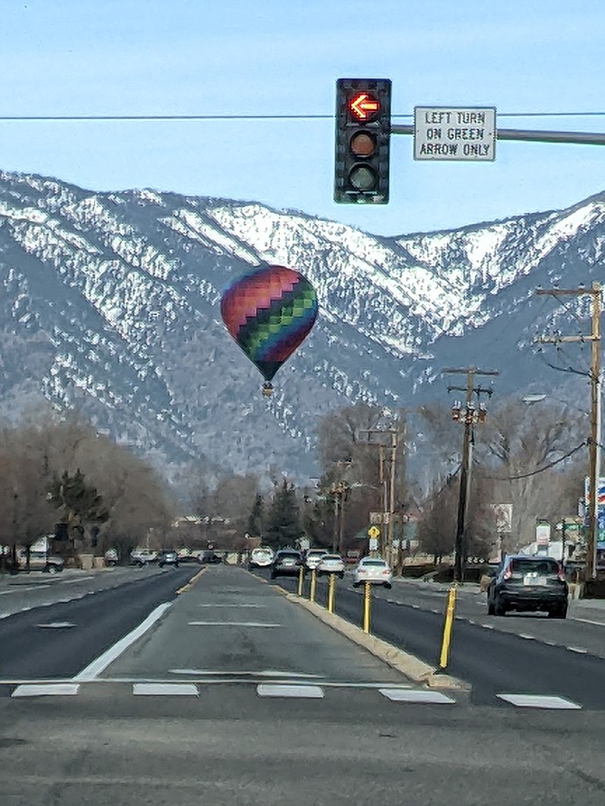 A balloon drifts over downtown Gardnerville on Tuesday morning in this photo from Tanya Hatfield.