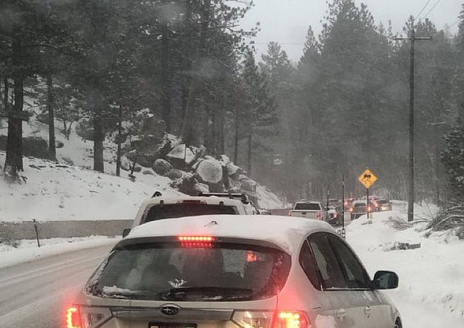Traffic was backed up at the top of Kingsbury Grade on the morning of Feb. 15 after a collision at the top due to snowy conditions. Tahoe Douglas Fire District Photo