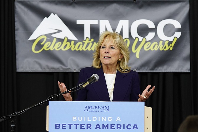 First Lady Jill Biden speaks after touring the Pennington Heath Science Center at Truckee Meadows Community College in Reno on March 9, 2022 (AP Photo/Rich Pedroncelli)