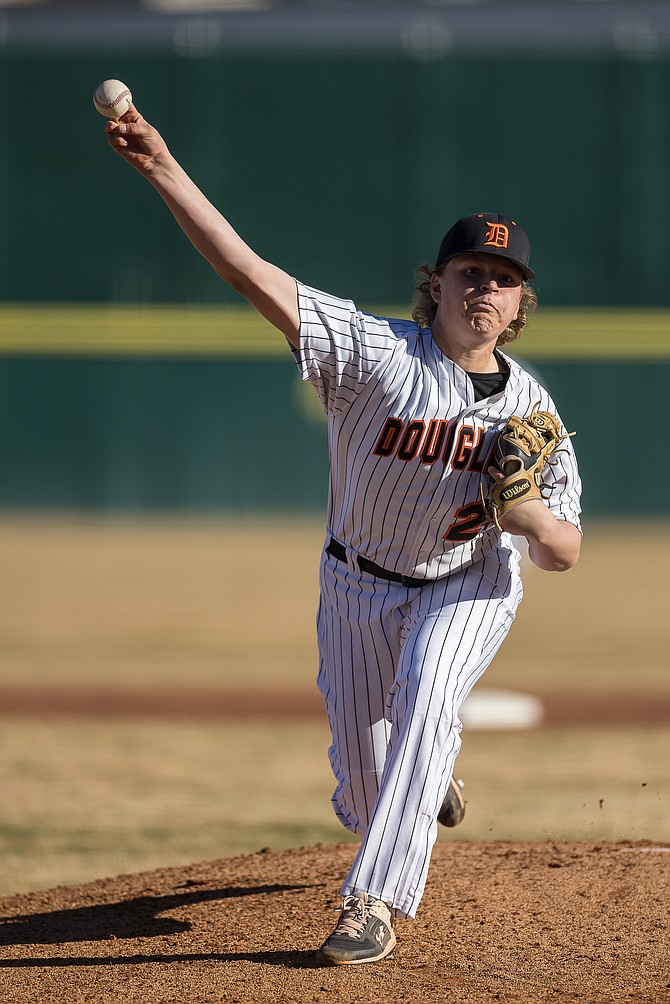 Douglas High's Keegan Snooks deals during his six-inning, 13-strikeout performance against Damonte Ranch. Snooks' efforts on the mound earned him one of Record-Courier's Athlete of the Week denominations.