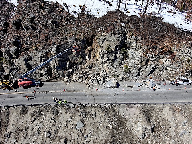 Work to reduce the chance of rocks falling on Highway 50 at Echo Summit is expected to take place March 21-25. California Department of Transportation photo