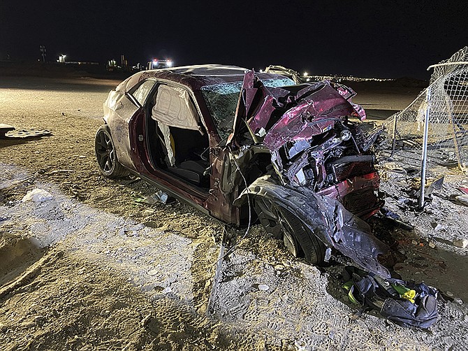 This photo released by the North Las Vegas Police Department shows a Dodge Challenger in North Las Vegas on Jan. 29, 2022.