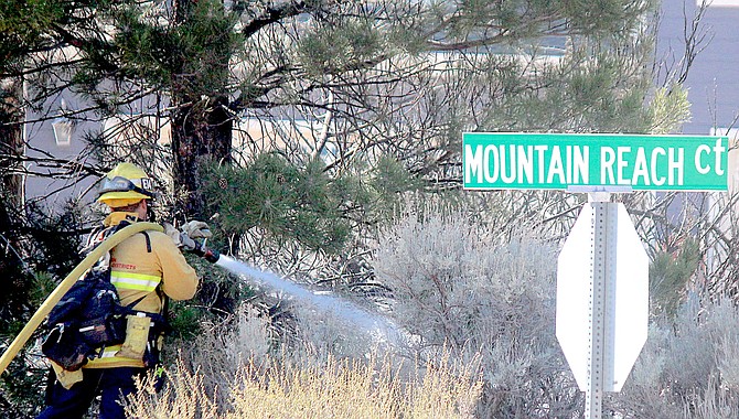 An East Fork firefighter sprays down a hotspot where a power line set two trees on fire along Foothill Road late Wednesday morning.