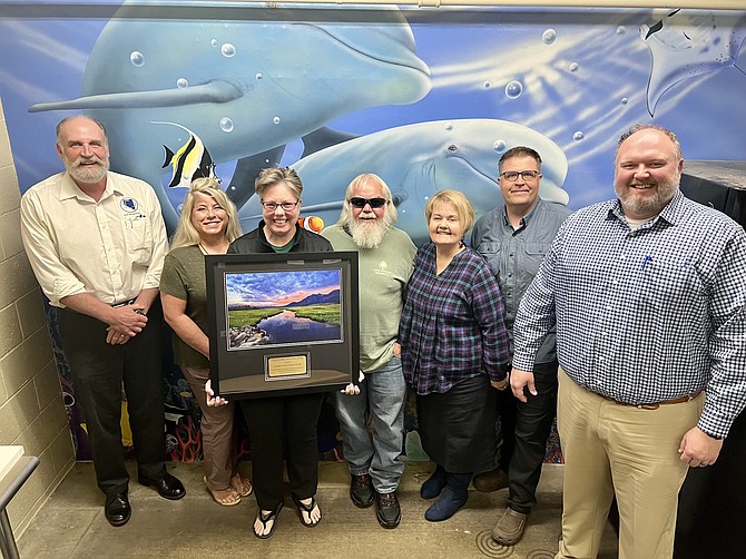 Marshall Smith of POOL/PACT,  East Fork Swimming Pool District trustee Teresa Duffy, Carson Valley Swim Center Director Shannon Harris, district Chairman Frank Dressel, district Vice Chairwoman Sharon DesJardins, district trustee Travis Lee and Jarrod Hickman of POOL/PACT