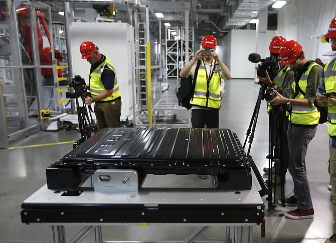 A Tesla battery pack is displayed during a media tour of the Tesla Motors Inc., Gigafactory in 2016 in Storey County.