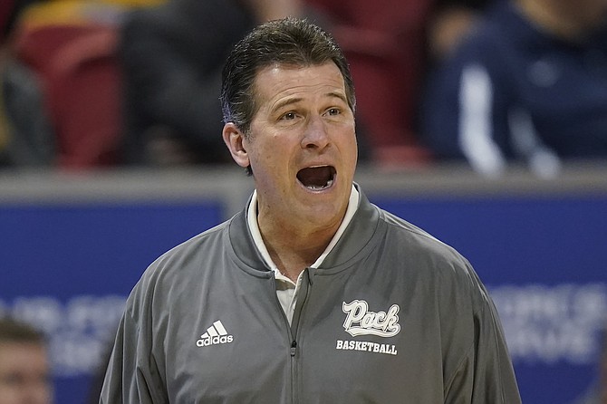 Nevada head coach Steve Alford shouts to his team during the quarterfinals of the Mountain West Conference tournament against Boise State on March 10, 2022, in Las Vegas.