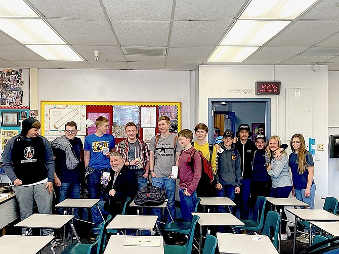 Members of the Douglas High School Next Gen Republicans club gathered for their first meeting on March 16 during lunch at the school. Sitting is GuardtheConstitution.com founder Sean Meehan, who spoke to the club about the Constitution. Photo Special to The R-C