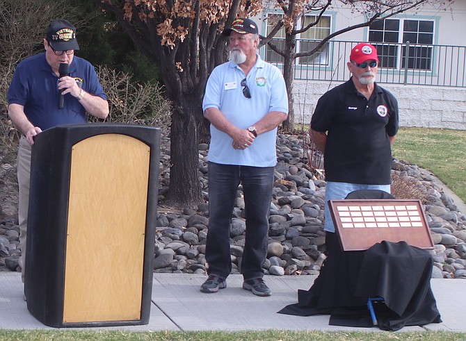 Vietnam Veterans of America Carson City Chapter 388 unveiled a plaque March 26 with the names of members who have died. The memorial will be placed with others at Mills Park. From left are George Howard, Tom Spencer and Raymond LaRouchelle.