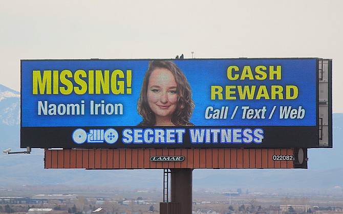A billboard seeks information about the disappearance of Naomi Irion on March 30, 2022. Discovery of the abducted 18-year-old's body was confirmed a few hours later.