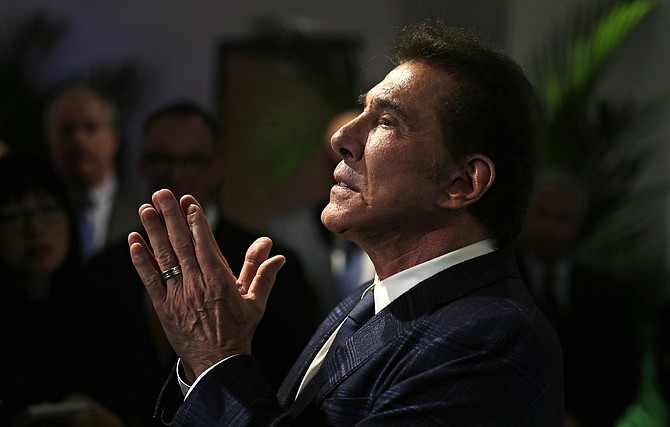 Steve Wynn gestures at a news conference in Medford, Mass., on March 15, 2016.