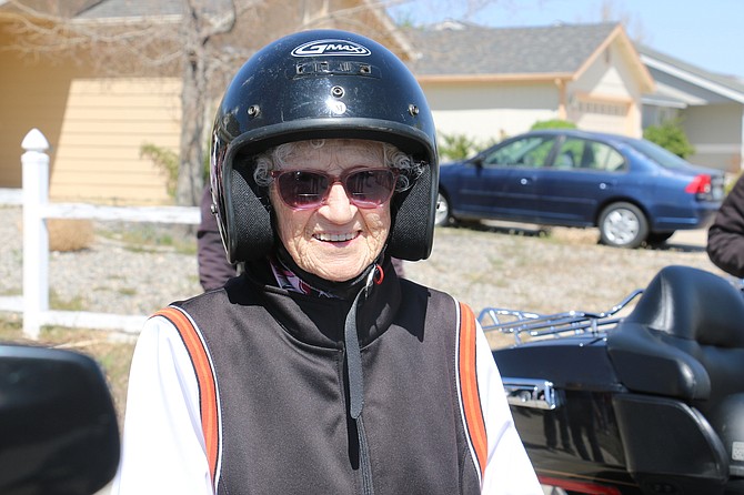 Velma Thornburgh of Dayton celebrated her 102nd birthday Sunday on a motorcycle ride with the Templar Crusaders Motorcycle Club Northern Nevada.