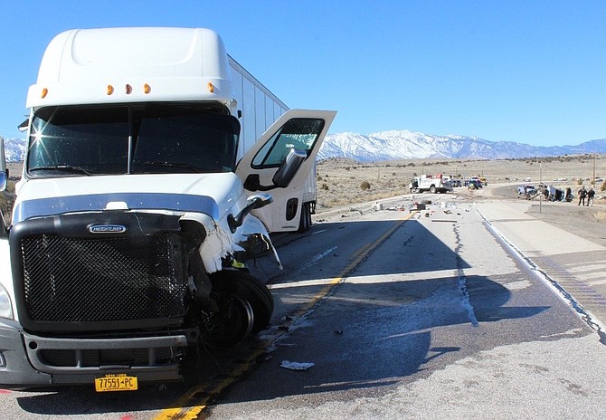 A semi-truck involved in a Feb. 23, 2021, fatal collision on Highway 395 near Courtland south of Gardnerville.
