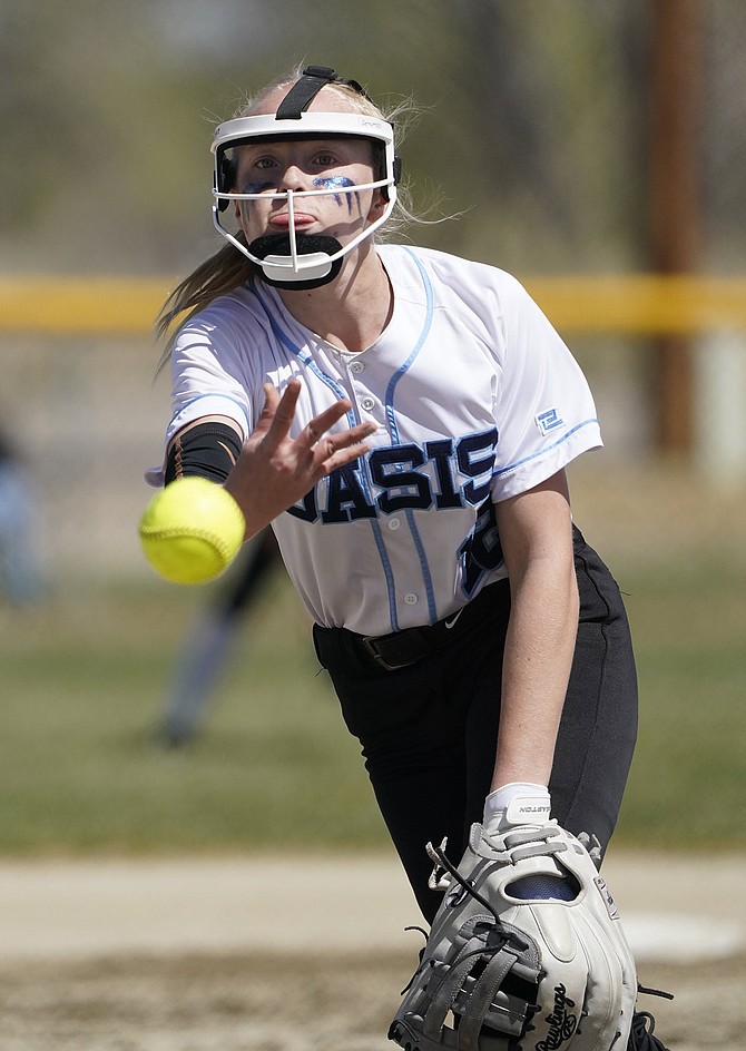 Oasis Academy’s Kisten Detomasi pitched her team to wins over Sierra Sage and Mineral County last week.