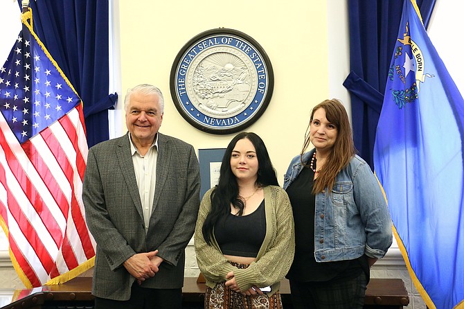 Gov. Steve Sisolak met with Alicy Gray, a homeschooled junior and brand ambassador for Minden-based Moxy Up, and the organization’s executive director Coleen Lawrence in his office to discuss the nonprofit’s success in assisting local youth in Douglas and Mineral counties.