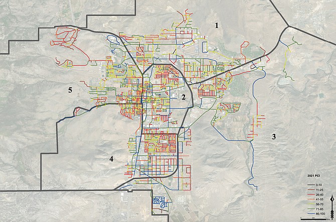 The map shows roads included in Carson City’s 2022 Pavement Condition Survey. Streets with higher scores are marked in blue and green, while lower scores are highlighted in shades of yellow, orange, and red.