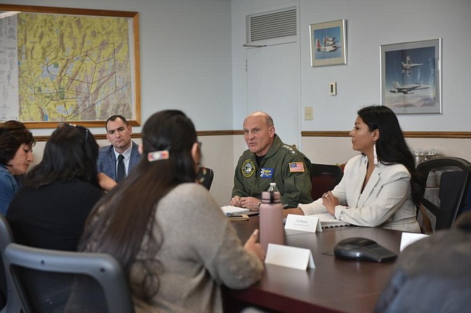 Chief of Naval Operations Adm. Mike Gilday, center, meets with local tribal leaders at Naval Air Station Fallon. Gilday met leaders from the Fallon Paiute Shoshone Tribe, Walker River Paiute Tribe, and Yomba Shoshone Tribe and discussed modernization and expansion efforts for the Fallon Range Training Complex.