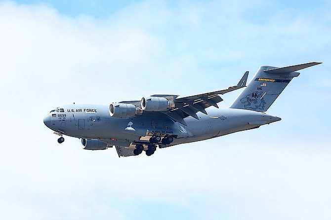 A C-17 Globemaster III flies over Carson Valley on Tuesday.