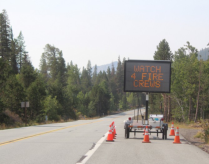A portable sign set up along Highway 88 in Alpine County on Sept. 16, 2021. The state of California is proposing permanent digital signs in the county.