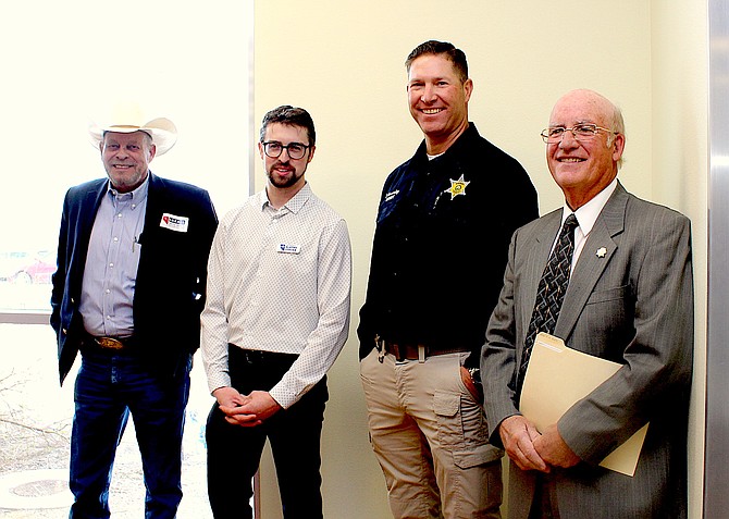 Candidates Jim Wheeler and Blaine Osborn with Sheriffs Dan Coverley and Ron Pierini at an April 21 rally for Adam Laxalt at the Douglas County Community & Senior Center in Gardnerville.