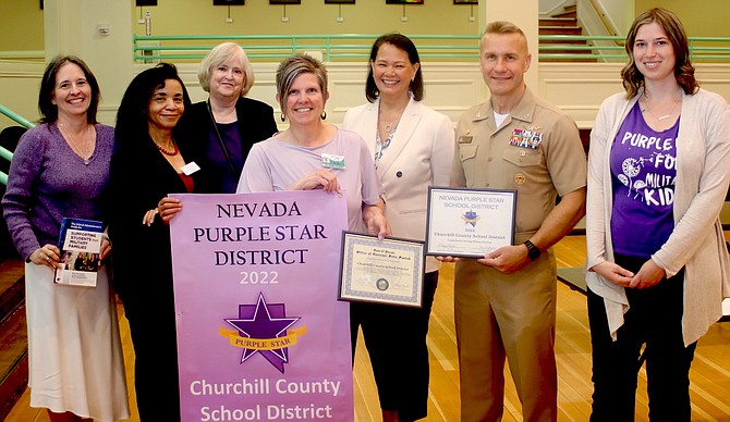 From left, at the presentation are KellyLynn Charles, Education Programs Professional; Cassandra Runnels, NAS Fallon’s Child and Youth Programs director; Matha Warachowski, administrative assistant to the Deputy Superintendent of Educator Effectiveness and Family Engagement; Dr. Summer Stephens, Churchill County School District superintendent; Jhone Ebert, Nevada State Department of Education Superintendent of Public Instruction; Capt. Shane Tanner, commanding officer of NAS Fallon; and Nicole Jullanant, NAS Fallon’s school liaison.