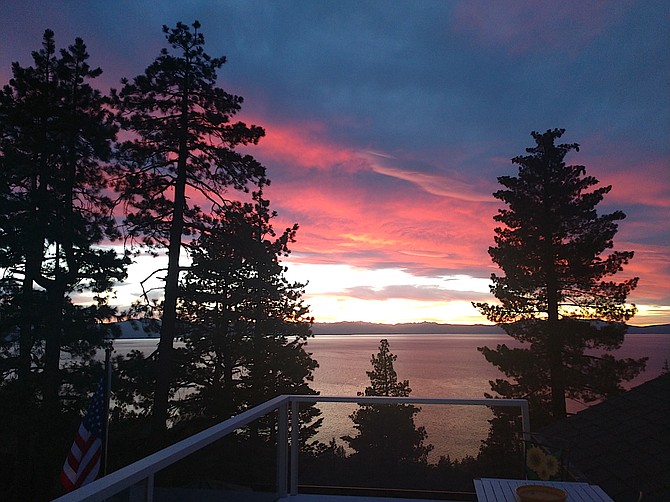 Sunday's sunset may well have eclipsed the blood moon later in the evening. June Shafer captured this view from Cave Rock overlooking Lake Tahoe.