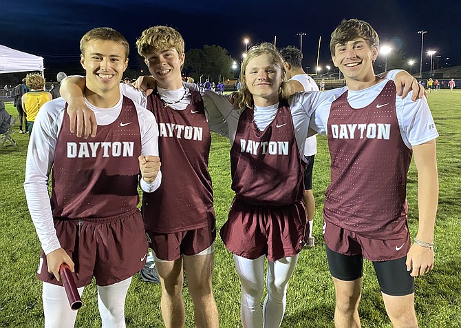 The Dayton High School 4x100 relay team poses for a photo after qualifying for state Friday evening in the Class 3A regional track meet at Reed High School. Pictured from left to right are, Noah Gibson, Daniel Newby, Colin Loberg and Justin Niels.