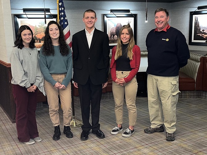 The Rotary Club of Fallon awarded four scholarships at a luncheon last week. From left are Cailan Menius-Rash and Kyla Trotter, both from Churchill County High School; James Cosman and Chloe Tanner, both from Oasis Academy; and Steve Endacott, representing Fallon Rotary.