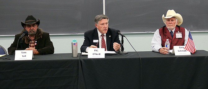 Assembly District 40 candidates Sam Toll, left, incumbent PK O’Neill and Gary Schmidt discuss their views on tax incentives, education and public union influence among other topics May 17, 2022 during a Chamber of Commerce Primary Candidates Forum at Western Nevada College.
