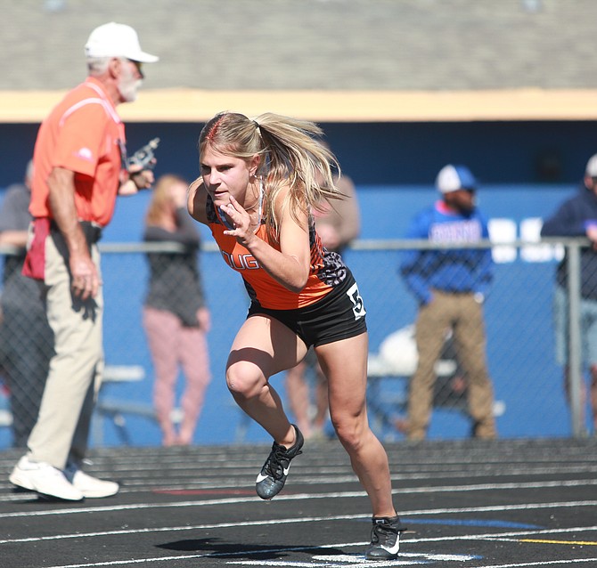 Douglas High senior Jessica James comes out of the blocks in the 400-meter dash Friday at Reed High School, during the Nevada State Track and Field Championships. James was fourth in 58.67, earning a podium spot.