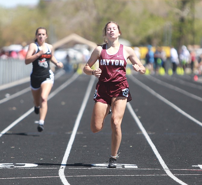 Dayton High’s Molly McGrew completes the 400-meter dash at the Class 3A Nevada State Track and Field Championships. McGrew finished third and won a bronze medal to cap her junior year.