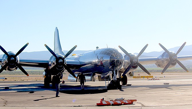 The B-29 Superfortress 'Doc' is parked on the tarmac at Minden-Tahoe Airport this morning after landing on Monday.