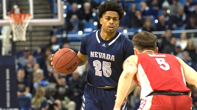 Nevada’s Grant Sherfield against UNLV at Lawlor Events Center in Reno on Feb. 22, 2022.