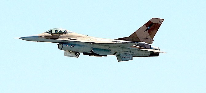 An F-16 Fighting Falcon prepares for landing at NAS Fallon. The aircraft serve as opponents at the base.