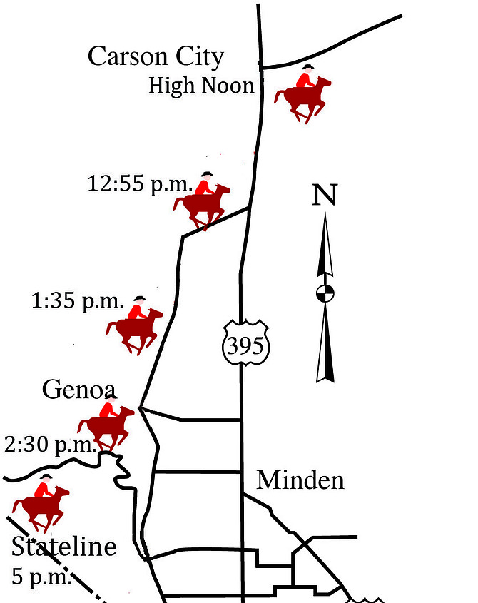 The route of the Pony Express through Carson Valley today. Keep in mind the times are approximate in the extreme.