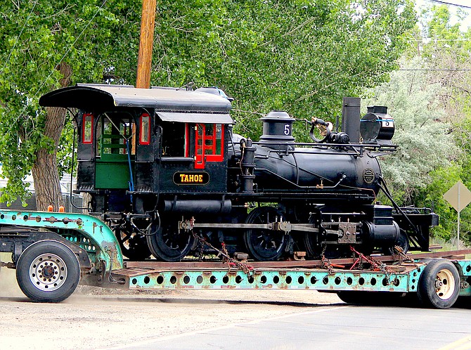 The former Carson & Tahoe Lumber & Fluming Co. narrow-gauge train Tahoe arrives in Carson City from Grass Valley on Saturday morning.