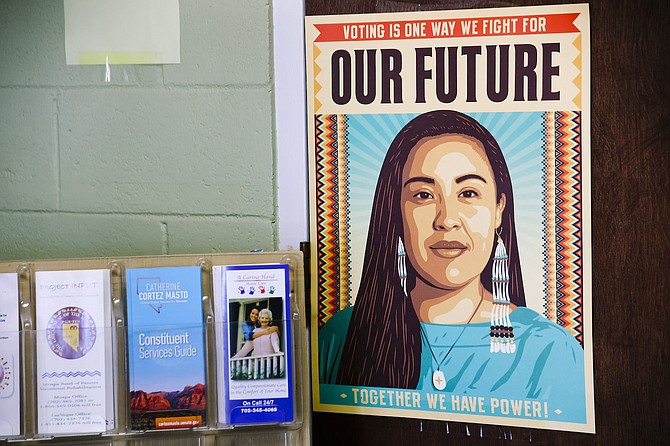 A poster hangs on a door at the Moapa-Paiute Community Center at the Moapa River Indian Reservation in Moapa on June 14, 2022.