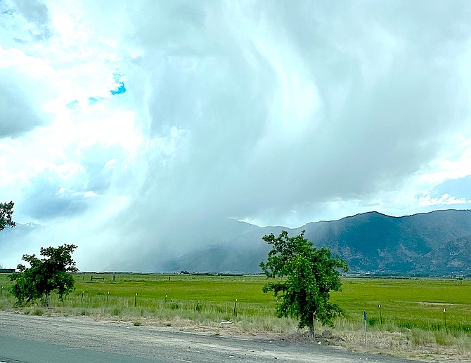 A squall over Kingsbury Grade on Saturday afternoon left a little rain, but not very much in this photo taken by Elaine Shively.