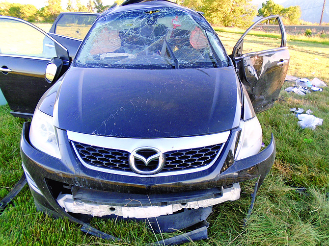 The vehicle involved in a fatal collision near Minden on June 26, 2021. A man facing DUI charges is denying he was the driver.