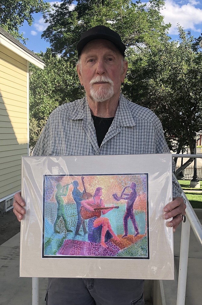 Mike Bond shows his winning art for the 2022 Jazz & Beyond – Carson City Music and Art Festival poster.