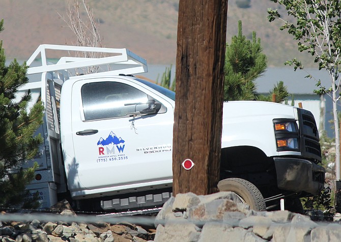 A utility vehicle wound up in the landscaping off Highway 395 on Tuesday evening.