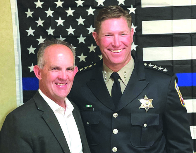 Lyon County Sheriff Frank Hunewill and Douglas County Sheriff Dan Coverley at Elks Law Enforcement Night in May.